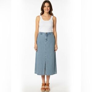 BELLE VERE 100% Cotton Light Wash Denim Midi Skirt w/ Front Slit & Pockets Sz 10